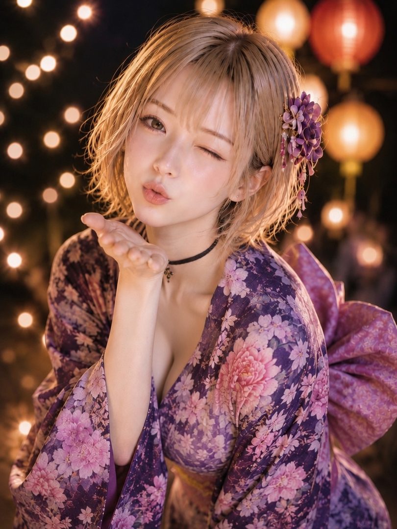 A cute Japanese woman with blonde short hair wearing a purple floral kimono winks and blows a kiss at night.