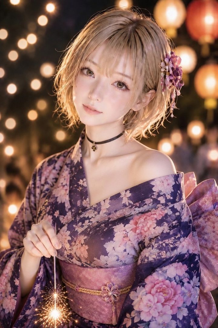 A beautiful woman with blonde short hair wearing a purple floral kimono holds a sparkler at night with bokeh lights in the background.