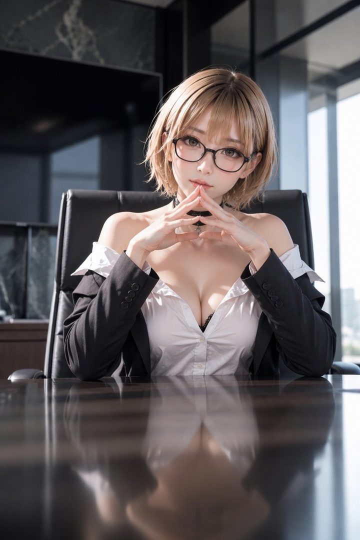 A woman with short blonde hair and glasses wearing an off-shoulder blouse and suit jacket sits at a reflective table in an office.