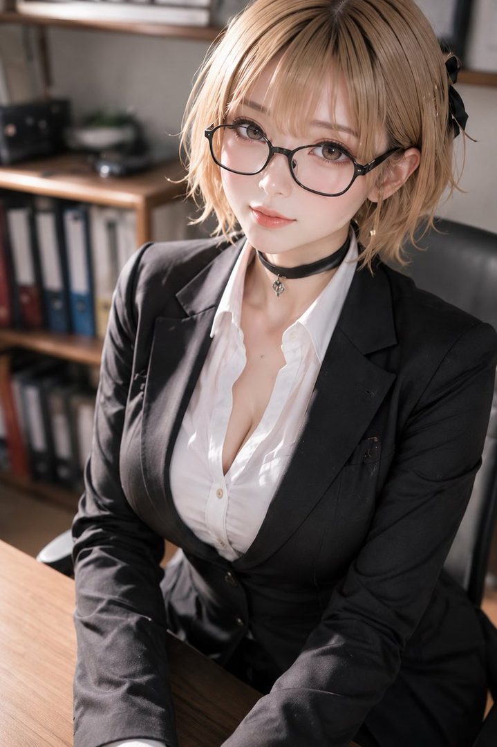 A photorealistic portrait of a young woman with blonde short hair and glasses, wearing a suit and white shirt, sitting at an office desk.