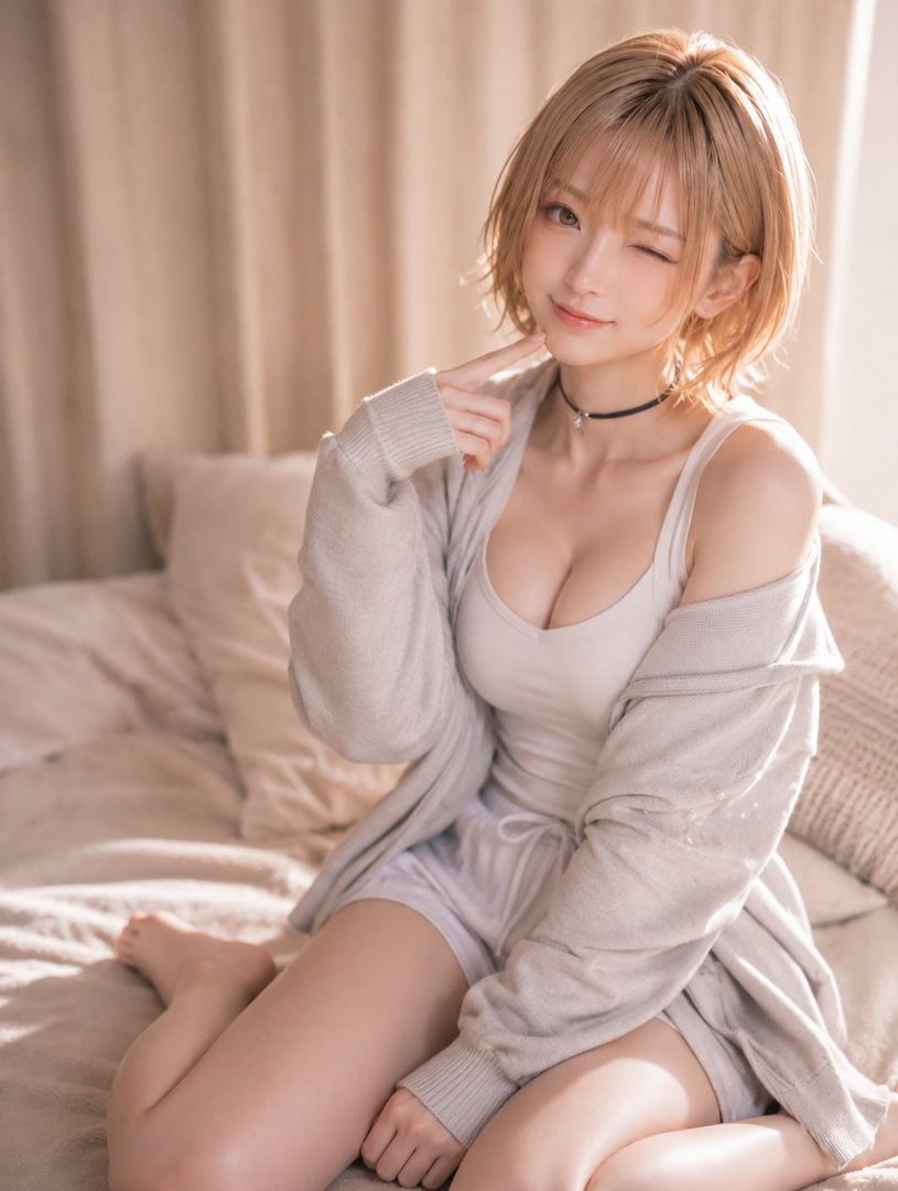 A cute East Asian woman with short blonde hair winks at the camera while sitting on a bed in a casual outfit.
