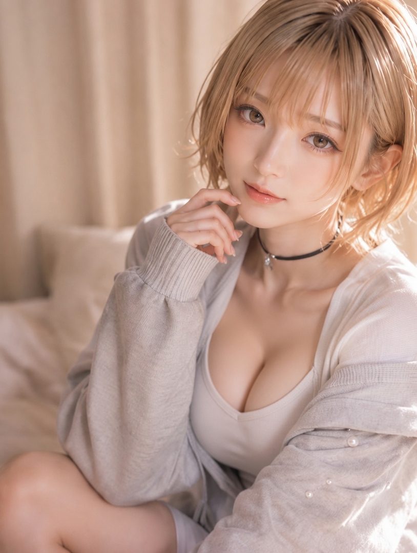 A cute Japanese woman with short blonde hair and a casual outfit poses indoors.