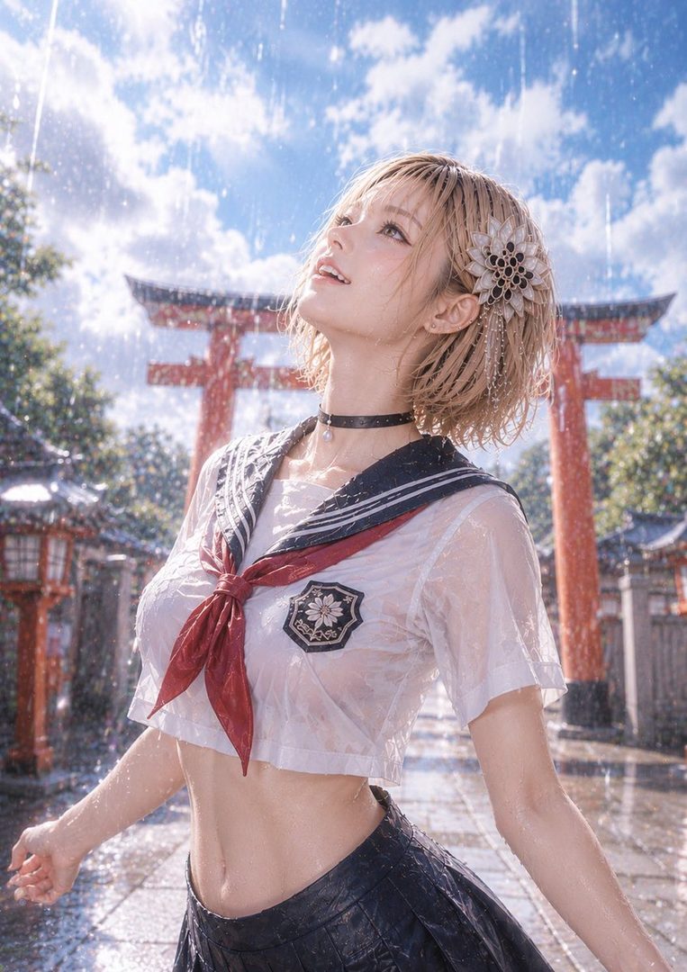 A blonde woman in a wet Japanese school uniform looks up at the sky while it rains, with a traditional torii gate in the background.