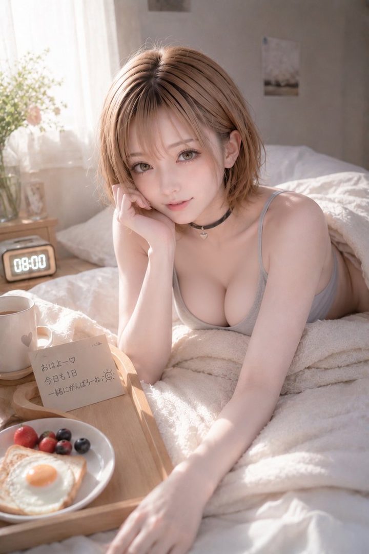 A cute woman with short blonde hair and a grey bra lies in bed with breakfast on a tray.