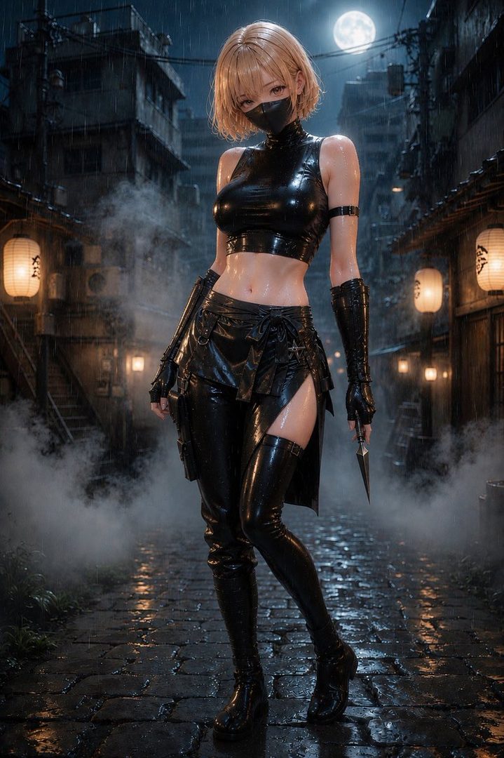 A blonde woman in a black latex outfit and mask stands on a rainy street at night, holding a small knife.