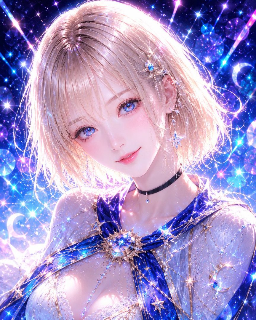 A beautiful anime-style girl with blonde short hair and blue eyes, wearing a sparkling blue and white dress, against a starry background.