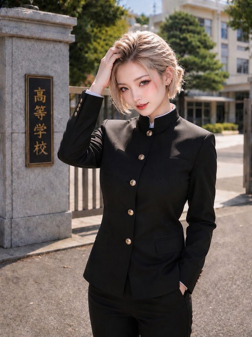 A young woman with short blonde hair poses in a black school uniform jacket outside a Japanese high school.
