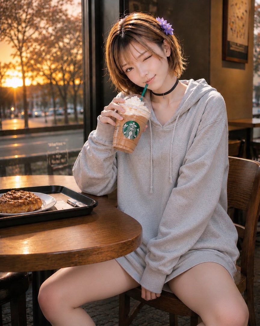 A cute girl with short brown hair winks while sipping a Starbucks drink in a cafe during golden hour.