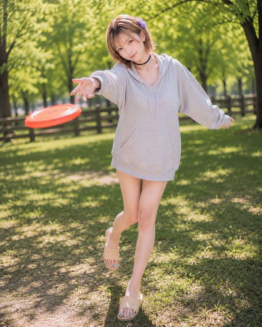 A young woman with short blonde hair and a grey hoodie throws a frisbee in a sunny park.