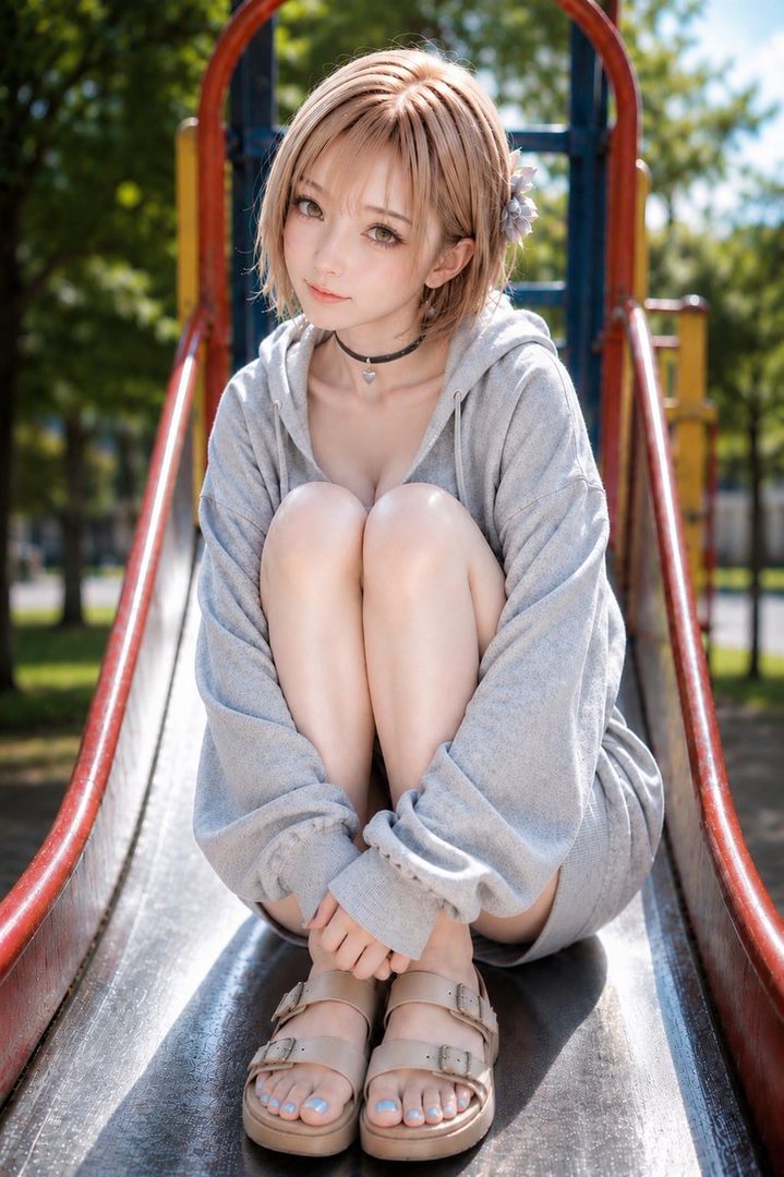A cute East Asian girl with short blonde hair and a grey hoodie sits on a playground slide outdoors.