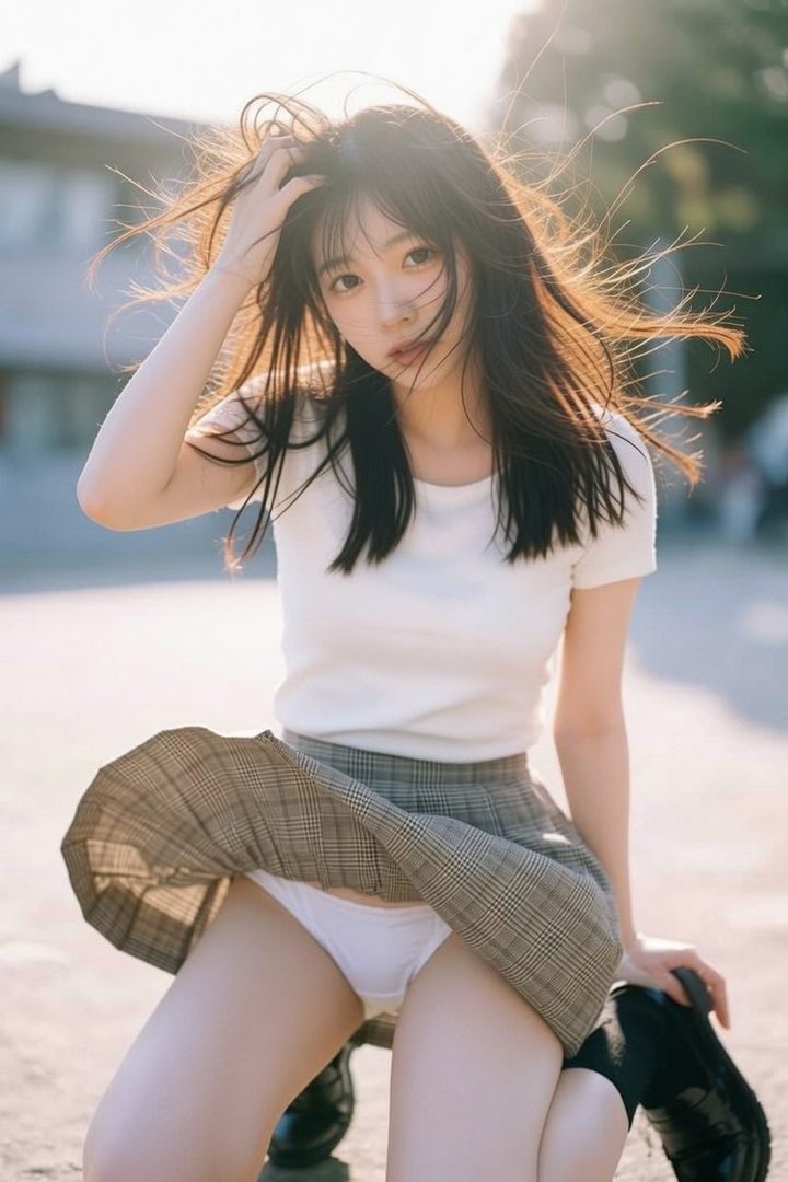 A young woman with long brown hair and a white t-shirt and plaid skirt poses outdoors with her skirt slightly lifted.