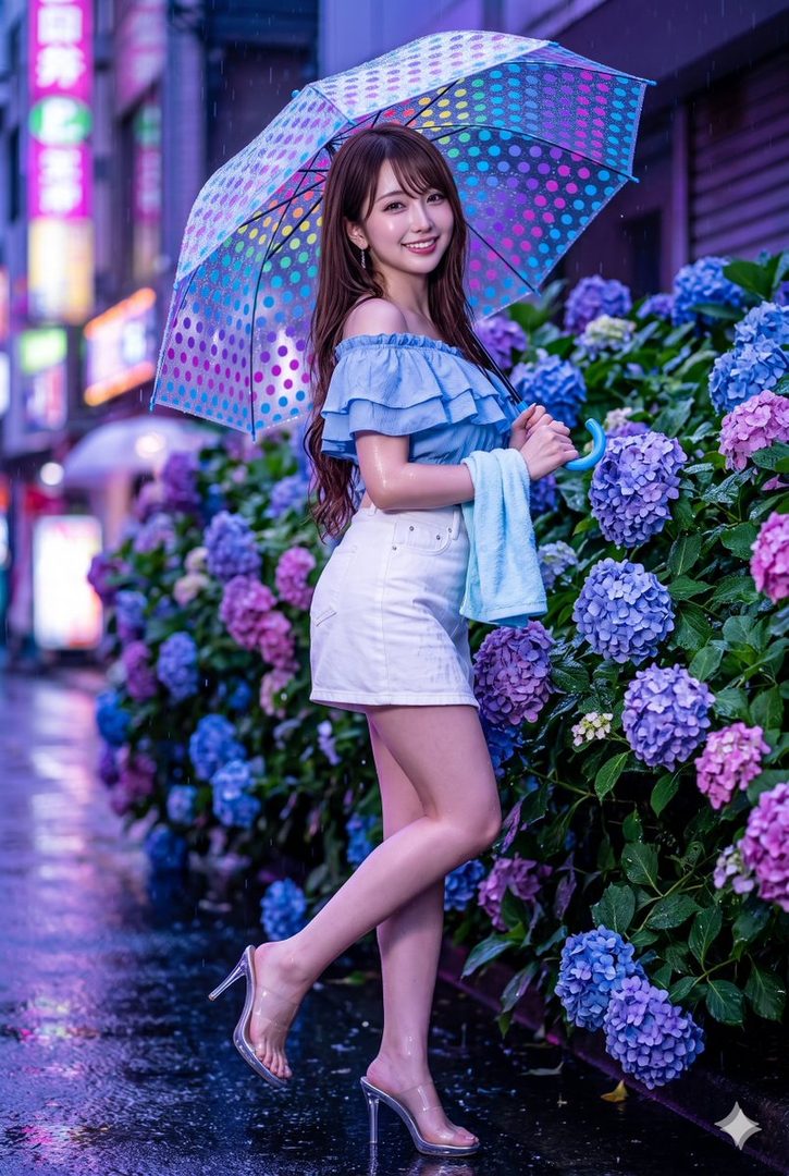 A beautiful East Asian woman with long brown hair smiles while holding a colorful umbrella on a rainy street lined with purple and blue hydrangeas.