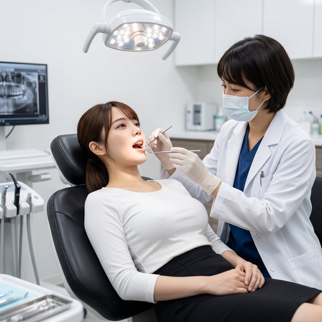 A woman in a white long-sleeve shirt and black skirt is getting her teeth checked by a dentist in a clinic.