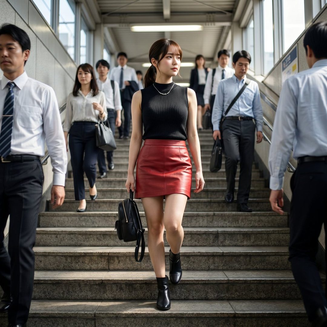 A young woman in a black top and red leather skirt walks up a busy city staircase, surrounded by commuters.