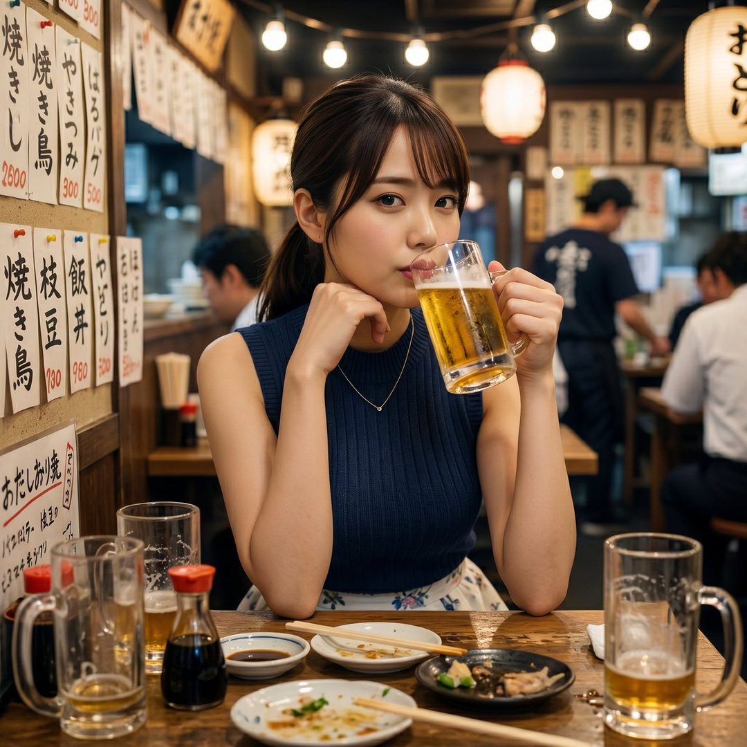 A young woman with brown hair in a ponytail sips beer at a Japanese izakaya, with food and drinks on the wooden table.