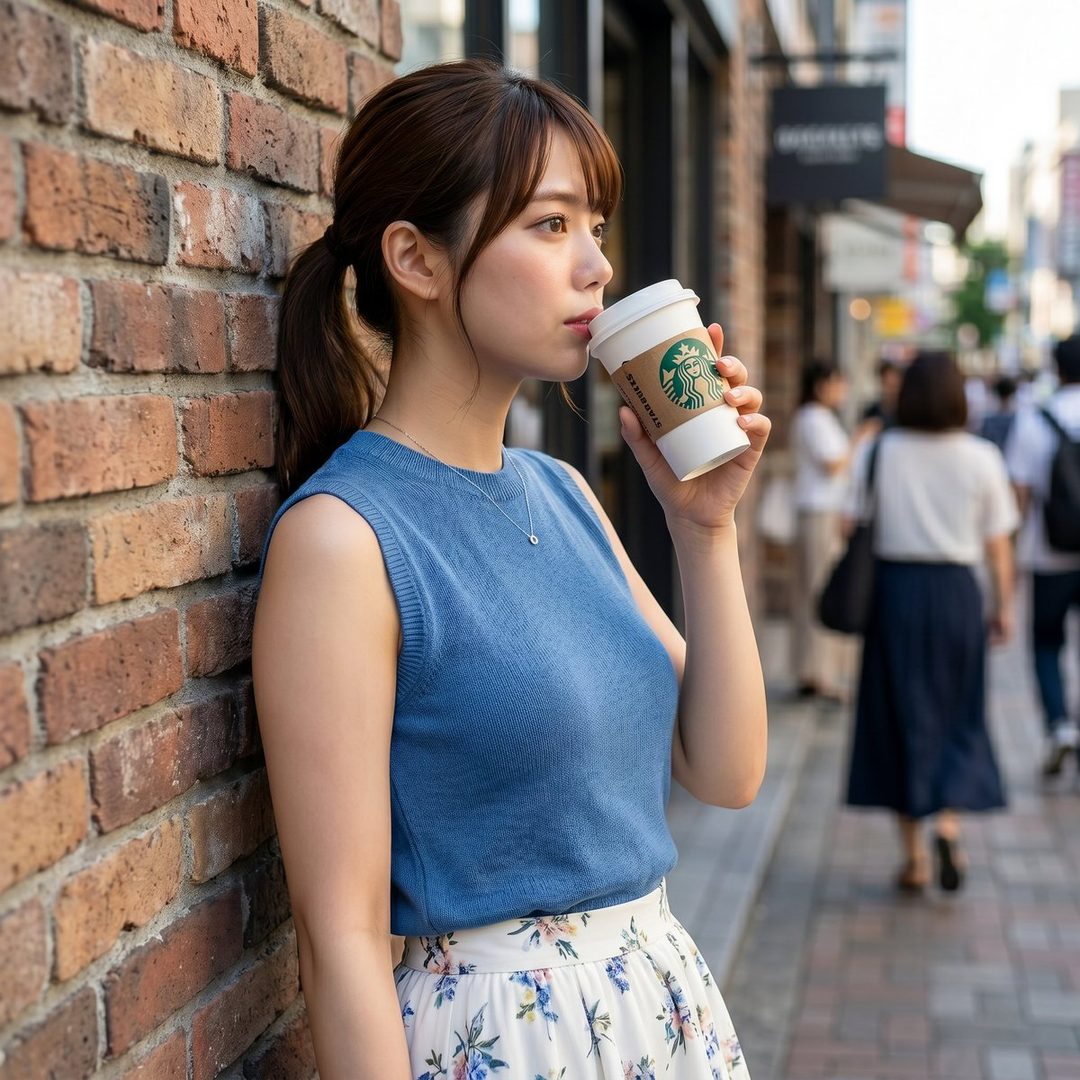 A young woman with brown hair in a ponytail, wearing a blue sleeveless top and a floral skirt, drinks from a Starbucks cup while leaning against a brick wall on a city street.