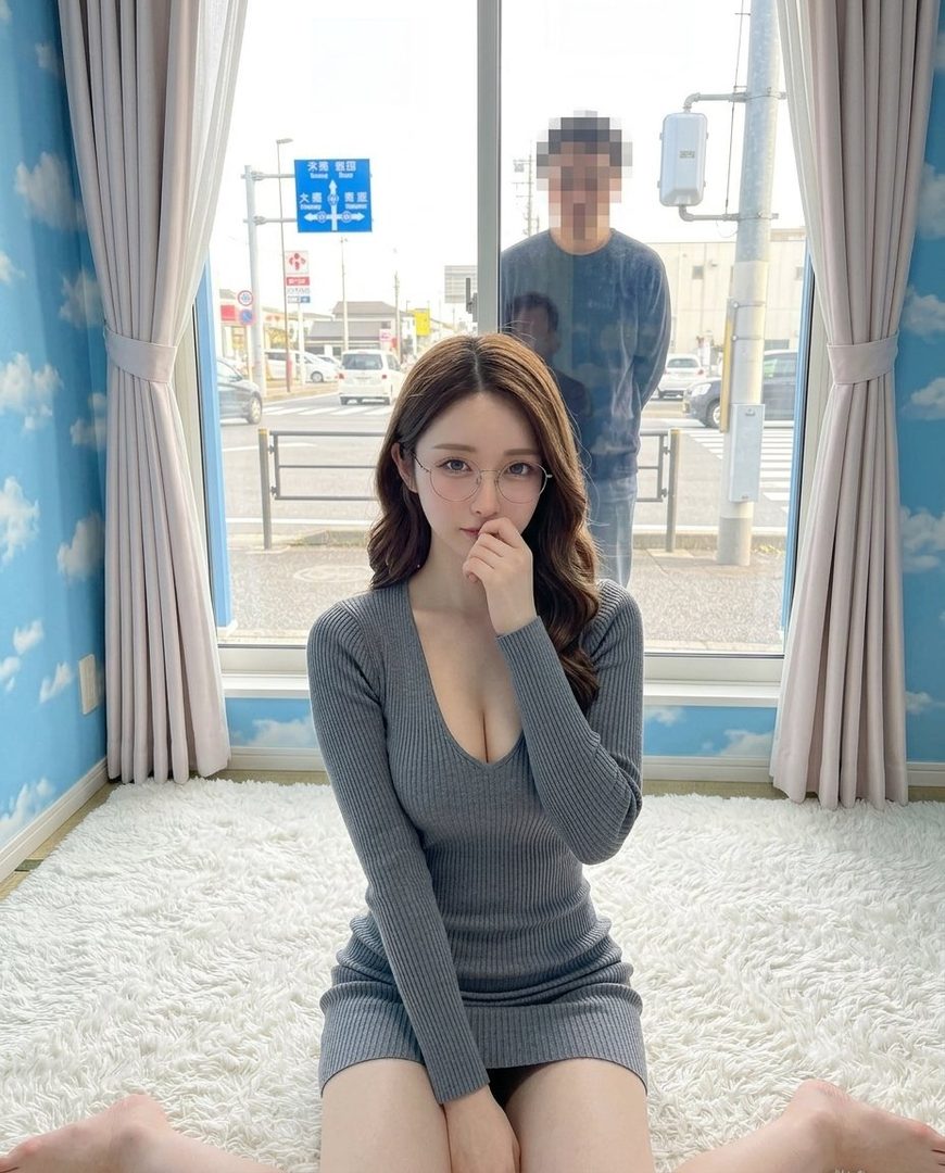A woman with long brown hair and glasses is sitting on a white rug in a grey dress, looking at the camera, with a street scene visible through the window behind her.