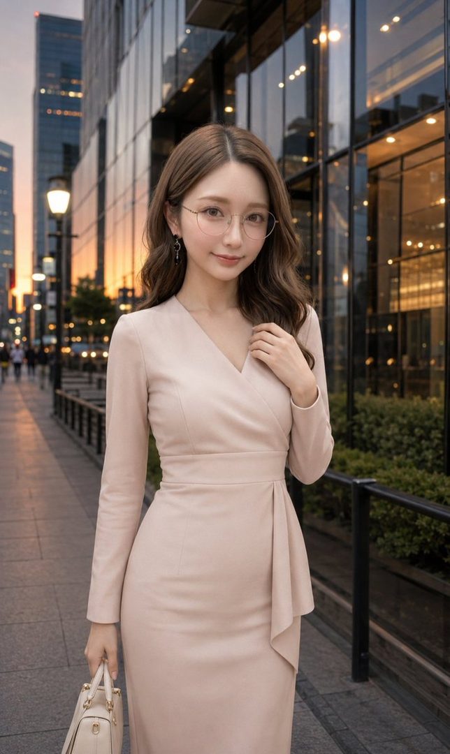 A woman in a light pink dress and glasses stands on a city street during golden hour.