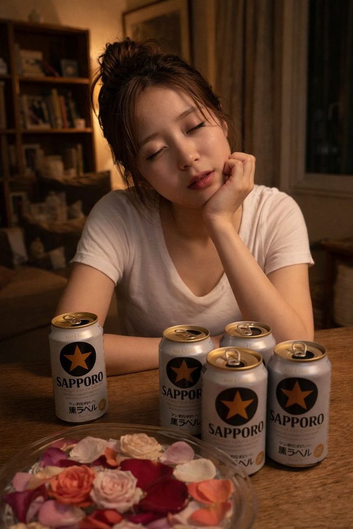 A young woman with her eyes closed, resting her head on her hand, surrounded by Sapporo beer cans and a bowl of rose petals.
