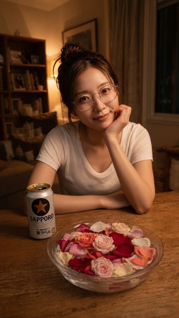 A young woman with glasses and a bun hairstyle sits at a wooden table with a can of Sapporo beer and a bowl of rose petals, smiling gently.