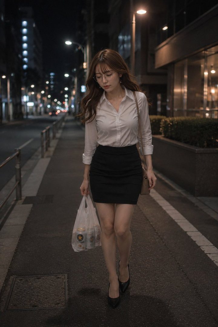 A woman in a white blouse and black skirt walks down a city street at night, carrying a plastic bag.