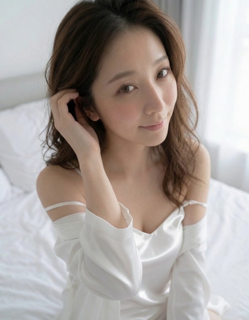 A beautiful woman with long brown hair is sitting on a bed, wearing a white off-the-shoulder top, looking at the camera with a gentle smile.
