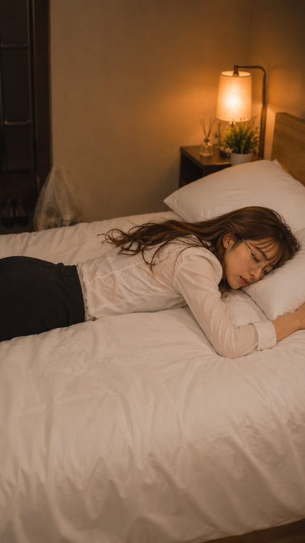 A woman with long brown hair and glasses is lying face down on a white bed, wearing a white shirt and black pants, with a bedside lamp illuminating the room.