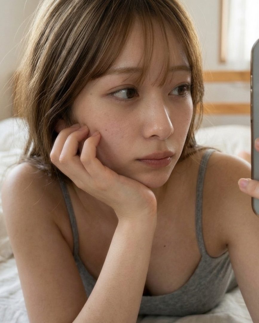 A young woman with brown hair and bangs, wearing a grey tank top, looks to the side while holding a phone.