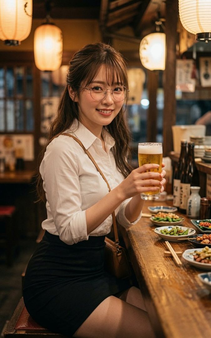 A young woman with glasses smiles while holding a glass of beer at a Japanese izakaya.