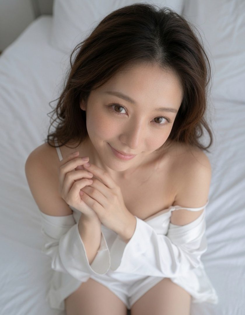 A beautiful East Asian woman with long brown hair, wearing a white off-shoulder top, looks up at the camera with a gentle smile while sitting on a bed.