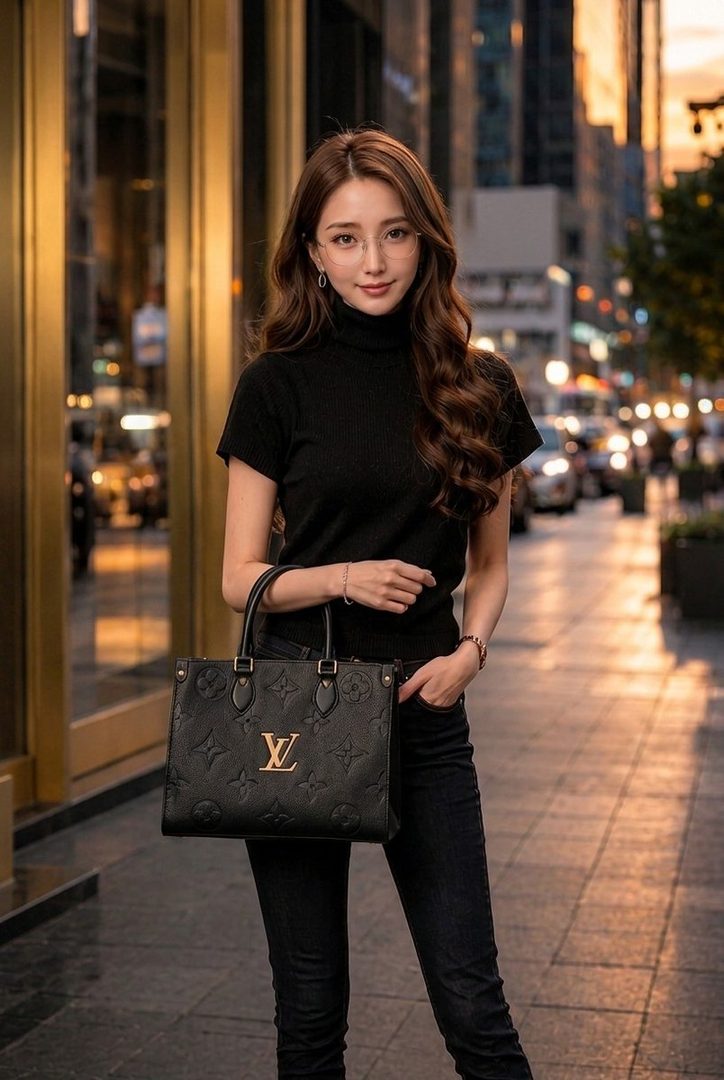 A stylish woman with long brown hair and glasses, wearing a black turtleneck and jeans, stands on a city street at night, holding a black handbag.