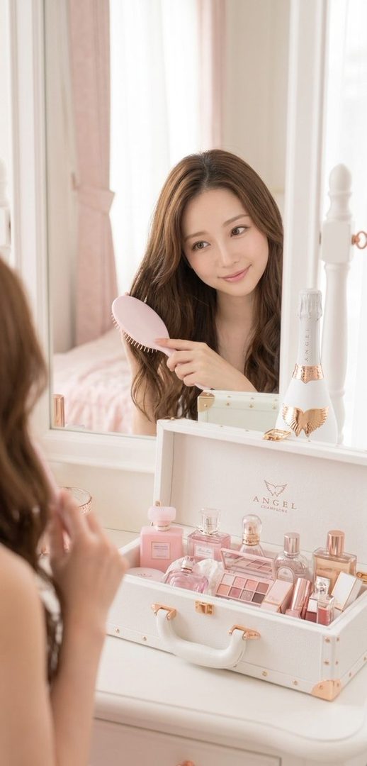 A woman with long brown hair brushes her hair while looking into a mirror, with a vanity case full of cosmetics in front of her.