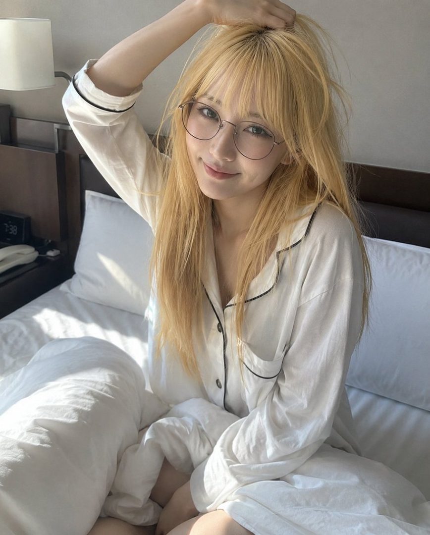 A woman with blonde hair and glasses is sitting on a bed in a white shirt, smiling at the camera.
