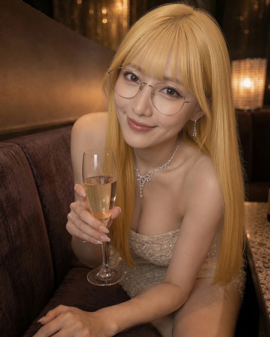 A blonde woman in a sparkly dress and glasses holds a champagne flute while sitting indoors.