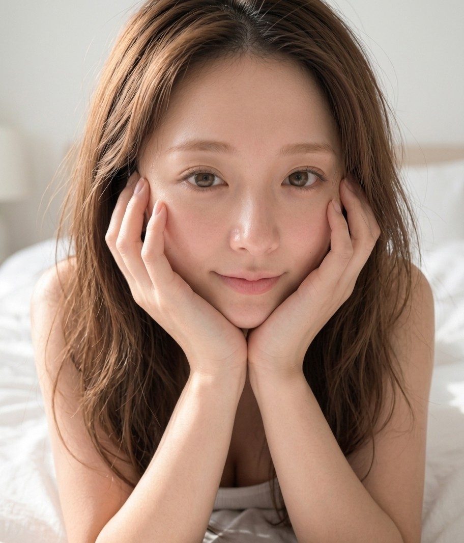 A beautiful woman with long brown hair rests her chin on her hands, looking serenely at the camera in a bright indoor setting.