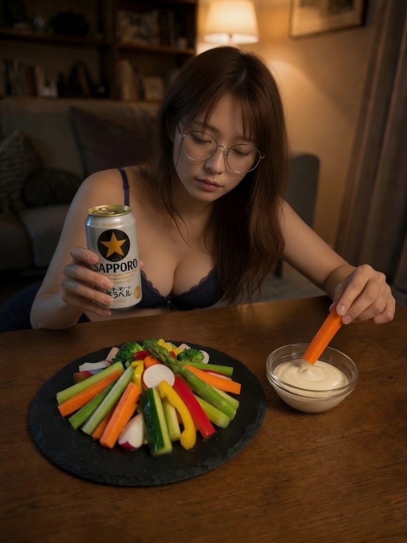 A young woman in glasses and a bra holds a can of Sapporo beer while dipping a carrot stick into a bowl of dip, with a colorful vegetable platter on the table.