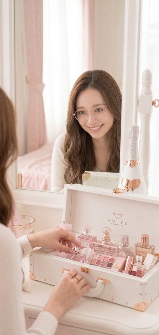 A woman with long brown hair and glasses smiles at her reflection in a mirror while arranging cosmetics in a white box.