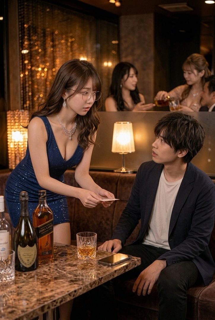 A woman in a blue dress hands a card to a man in a dimly lit bar, with other patrons in the background.