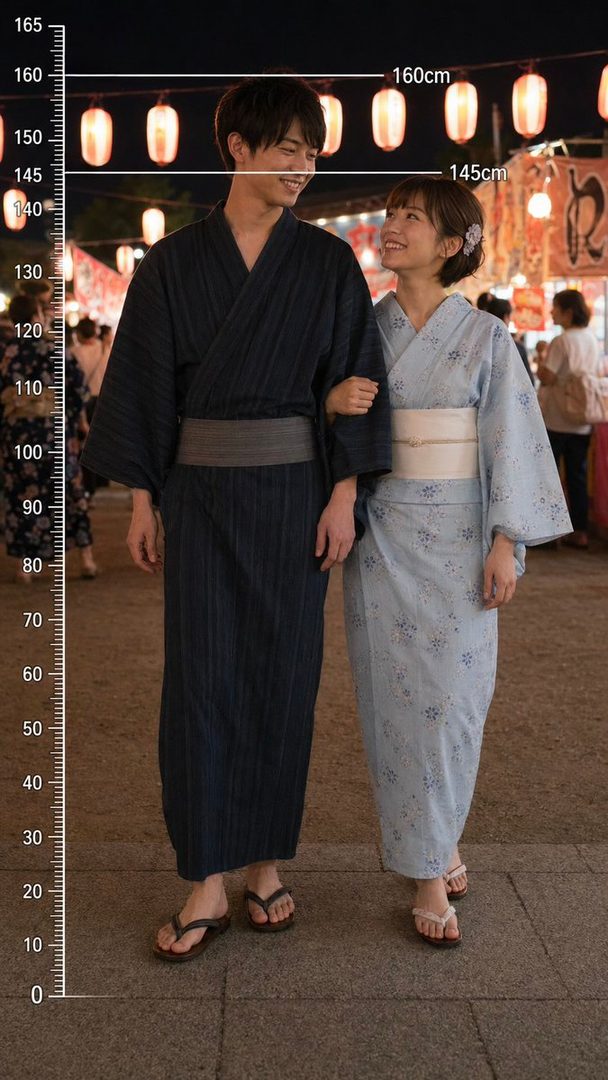 A Japanese couple in traditional kimonos smiling at each other during a night festival, with height measurements overlaid.