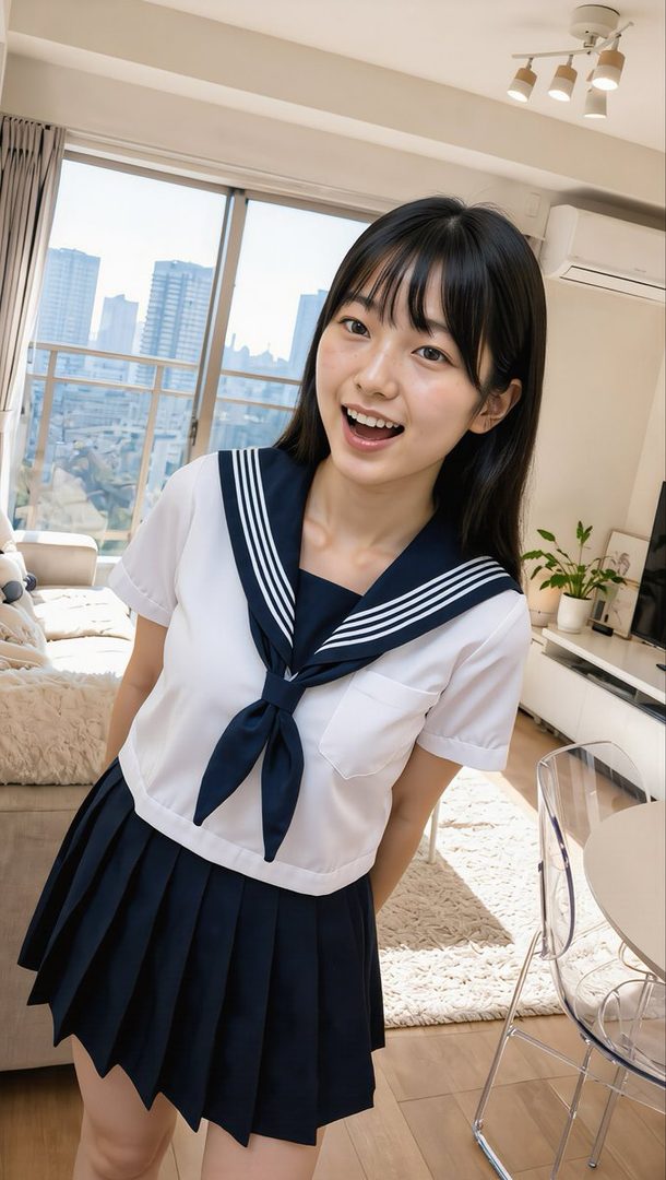 A young woman with black hair and bangs smiles while wearing a Japanese school uniform indoors.