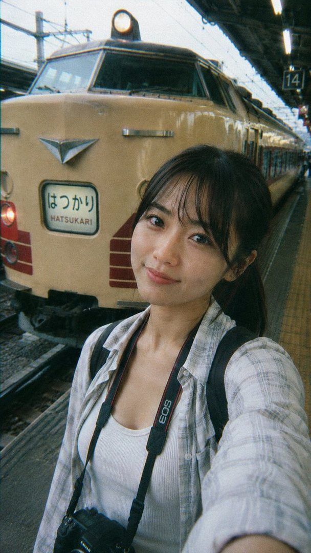 A young woman takes a selfie on a train platform with a vintage train in the background.