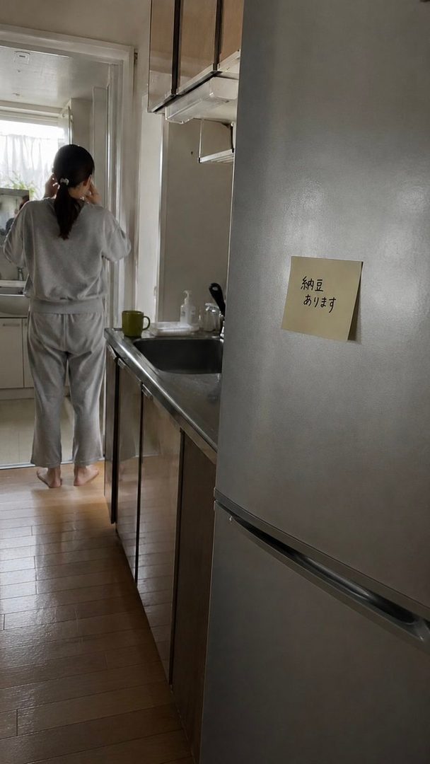 A woman in casual loungewear stands in a kitchen, seen from behind, with a note on the refrigerator.