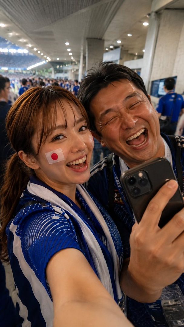 A happy Japanese couple takes a selfie at a soccer match, wearing blue jerseys and a Japan flag sticker on her cheek.