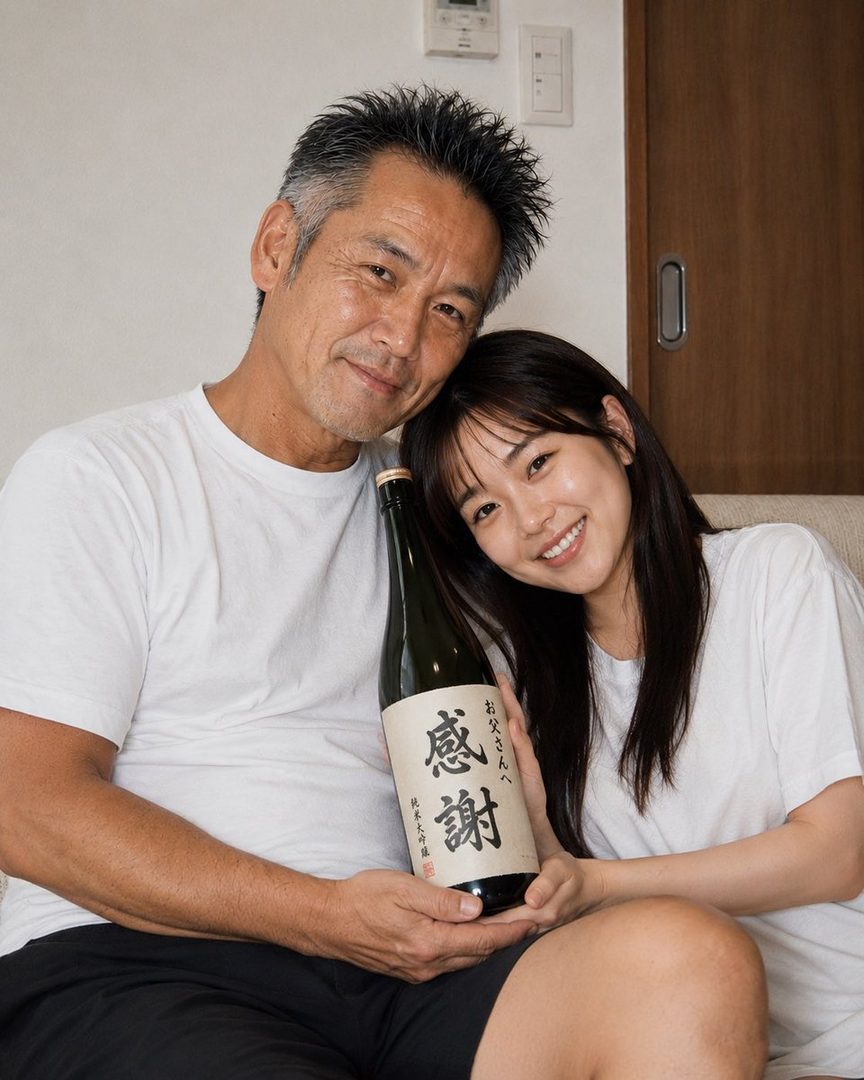 A man and a woman in white t-shirts are holding a bottle of sake with Japanese characters on it, smiling at the camera.