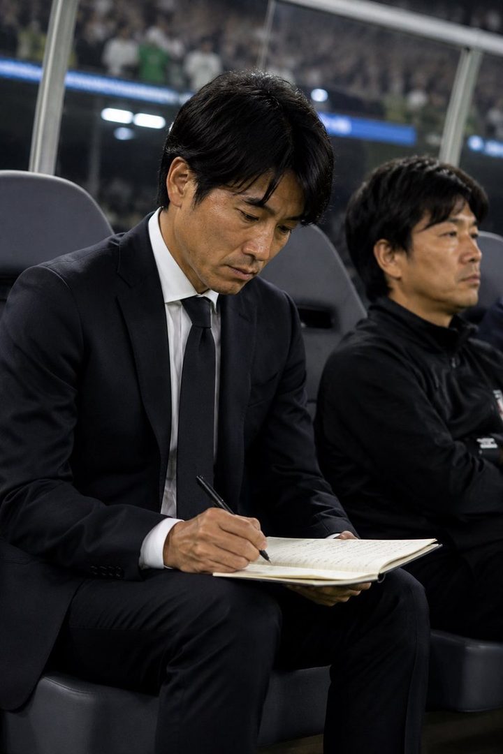 A man in a black suit and tie is writing in a notebook while sitting on a bench at night, with another man in a black jacket next to him.