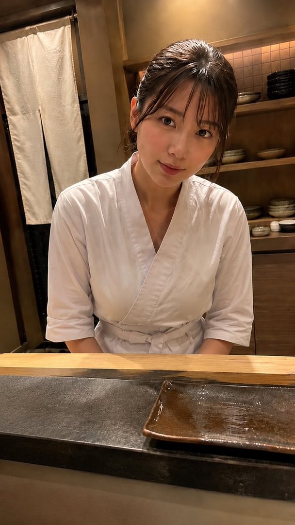 A young Japanese woman in a white chef's uniform stands behind a counter in a sushi restaurant.