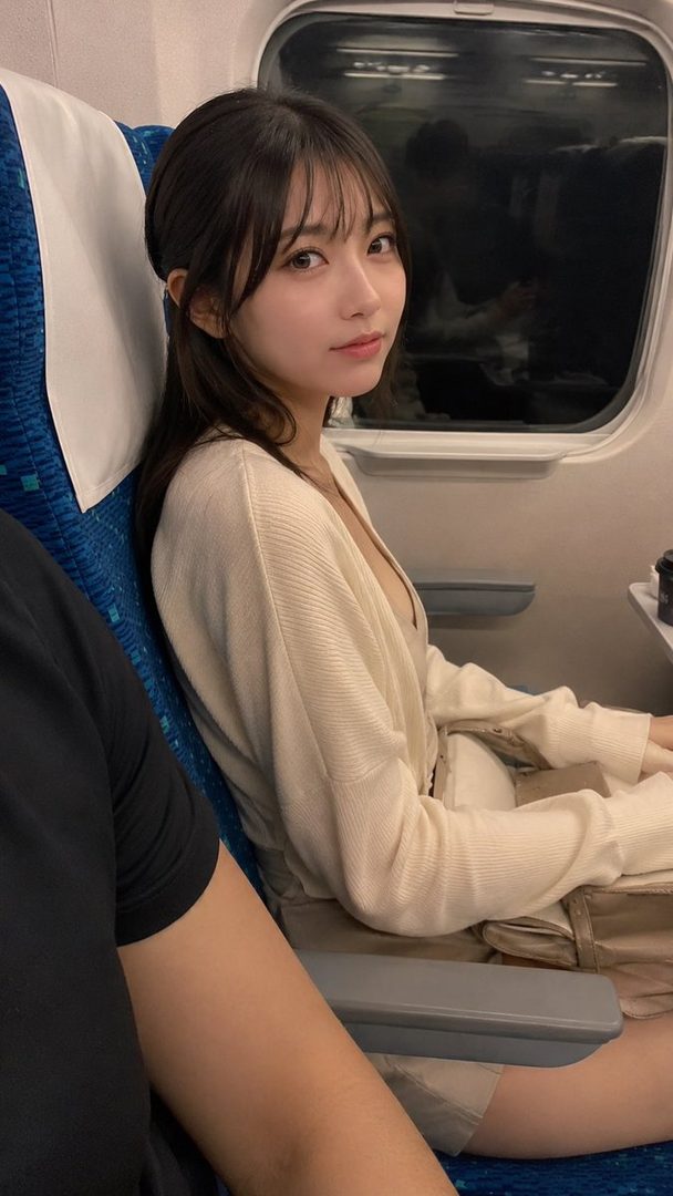 A young woman with long brown hair and bangs, wearing a light cardigan, sits in a train looking towards the camera.