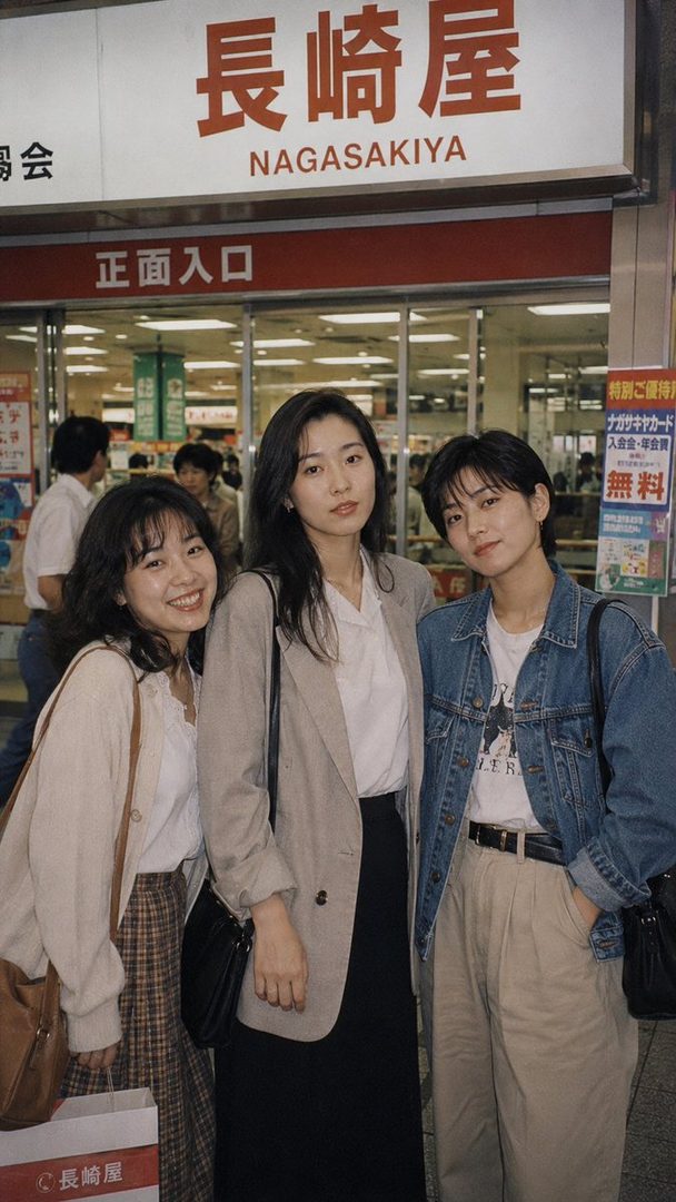 Three young Japanese women posing for a photo inside a Nagasakiya store, with one smiling broadly and the other two looking at the camera.