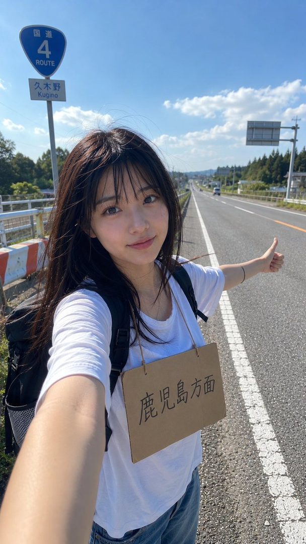 A young woman with long black hair and bangs takes a selfie while hitchhiking on a rural road in Japan, holding a sign that says "Kagoshima direction."