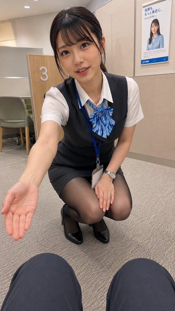 A young woman in an office uniform kneels and extends her hand towards the viewer in an indoor setting.